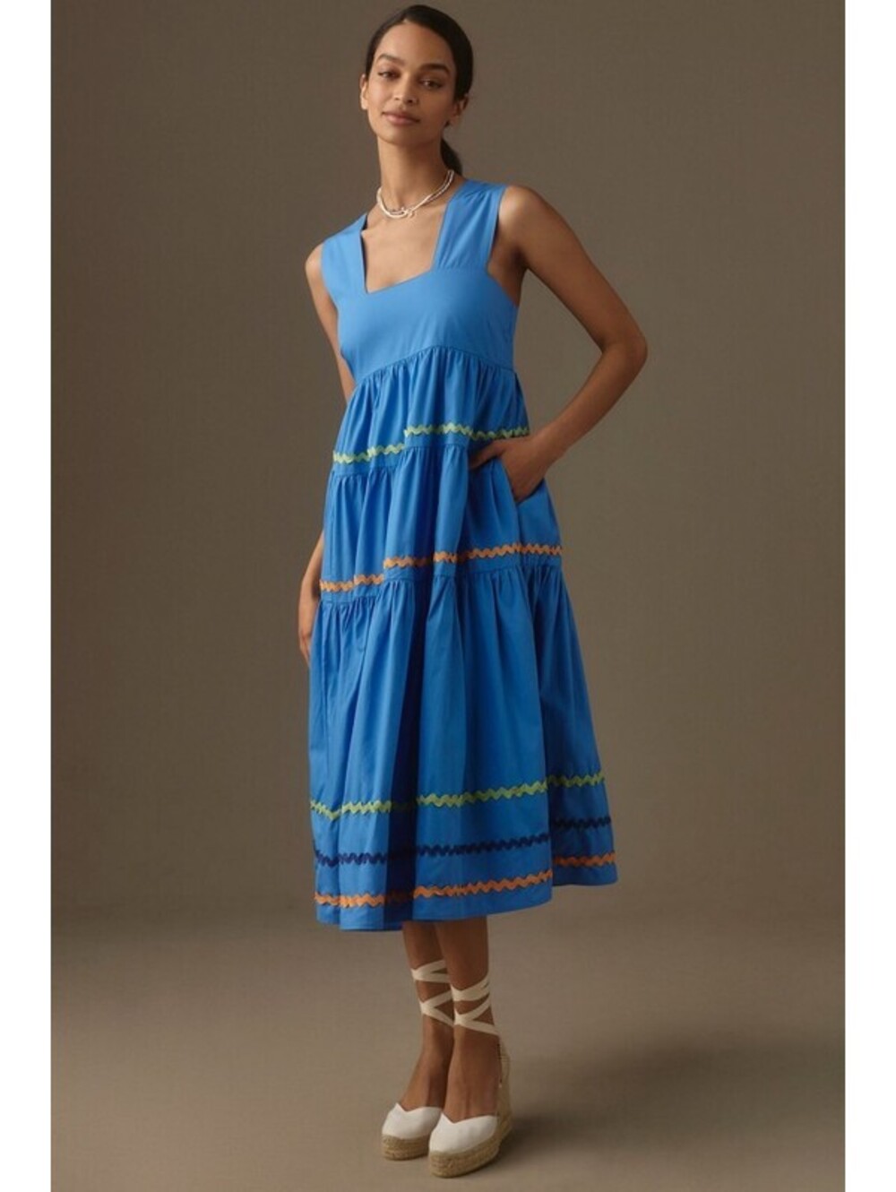 Anthropologie - Blue Sleeveless Babydoll Midi Dress with Colorful Trim, Size M